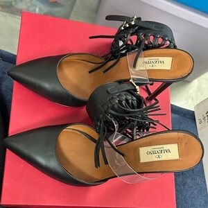 Valentino Black Leather Fringe Heels